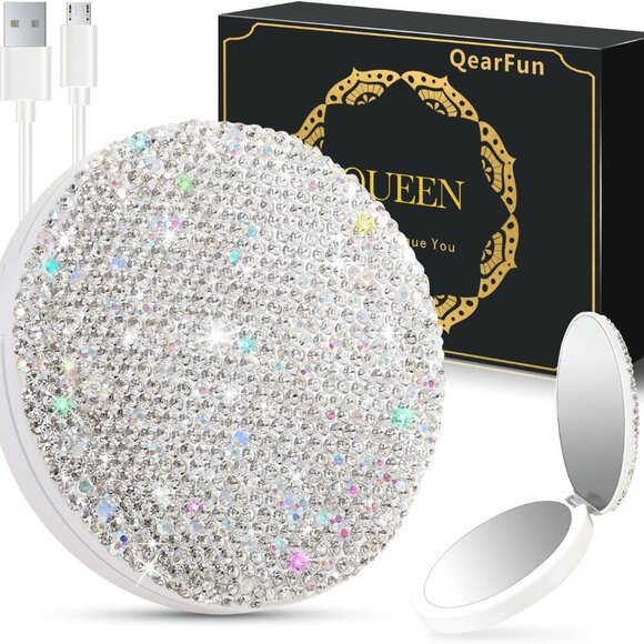 Luxurious Rhinestone LED Lighted Compact Mirror,Bling Portable Travel Makeup Mir - Picture 1 of 6
